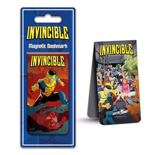An Invincible magnetic bookmark shown in its blue retail card packaging on the left, and standing upright on its printed cover on the right against a plain white background.