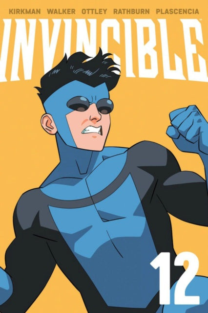 Comic book cover of 'Invincible' featuring a character in a blue suit with the number 12 on a yellow background.