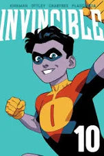 Comic book cover of 'Invincible' featuring a superhero character with the number 10 on a blue background.