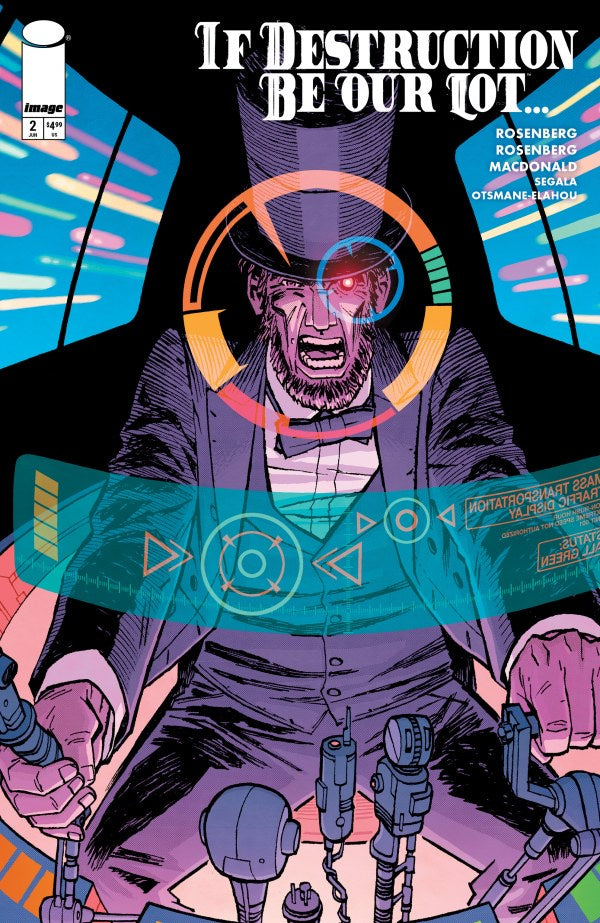 Comic book cover with a character in a top hat and suit, surrounded by futuristic elements.