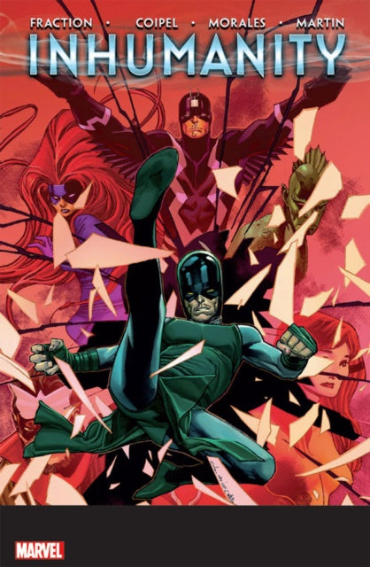 Comic book cover of 'Inhumanity' with superhero characters in action poses on a red background.