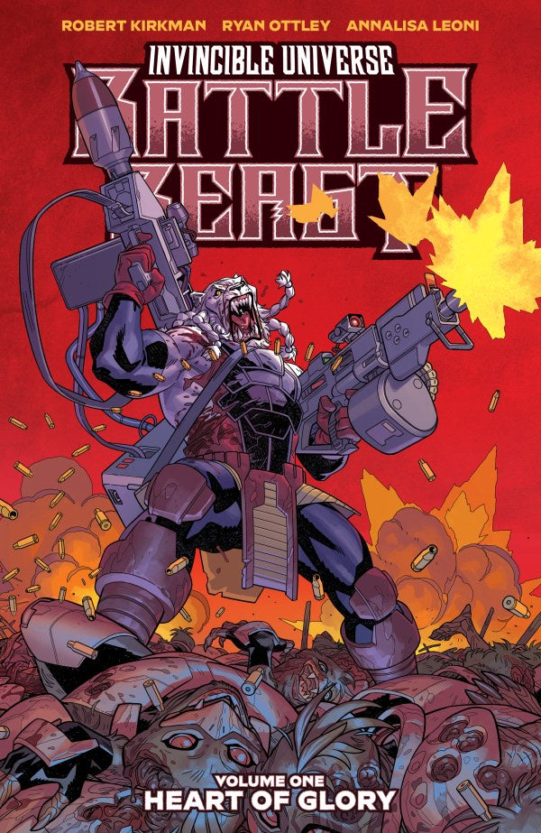 Comic book cover of 'Invincible Universe: Battle Beast' with a character holding a weapon against a red background.