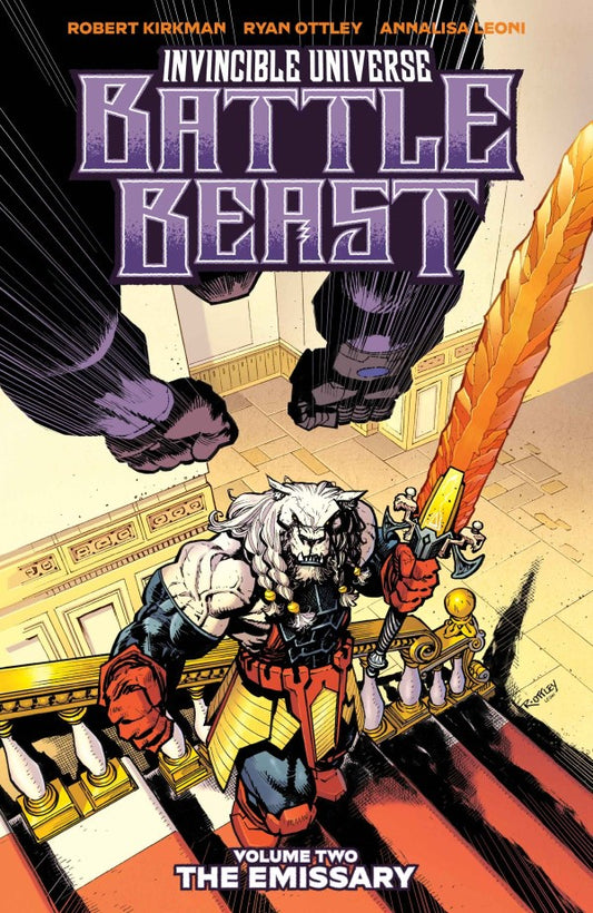Comic book cover for Invincible Universe: Battle Beast, Volume Two: The Emissary, featuring a muscular white-haired warrior holding a flaming sword in an ornate interior, with large dark clawed feet looming above.