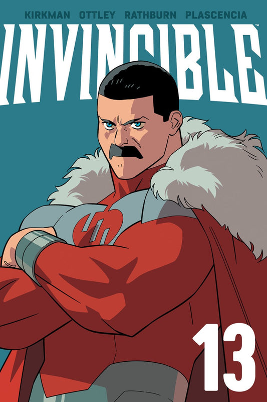 Comic book cover of 'Invincible' with a character in a red outfit and fur-lined coat.