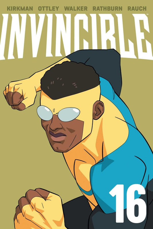 Comic book cover of 'Invincible' with a character in a blue suit and yellow gloves on a beige background.