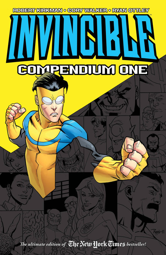 Invincible: Compendium (Trade Paperback) Vol. 01
The cover of Invincible: Compendium Volume 1 featuring Mark Grayson in his yellow and blue superhero costume, soaring upward against a bright blue sky. Below him, a diverse group of heroes and villains from the series are arranged in a dynamic, crowded ensemble. The title "Invincible" is displayed in bold, yellow block letters.
