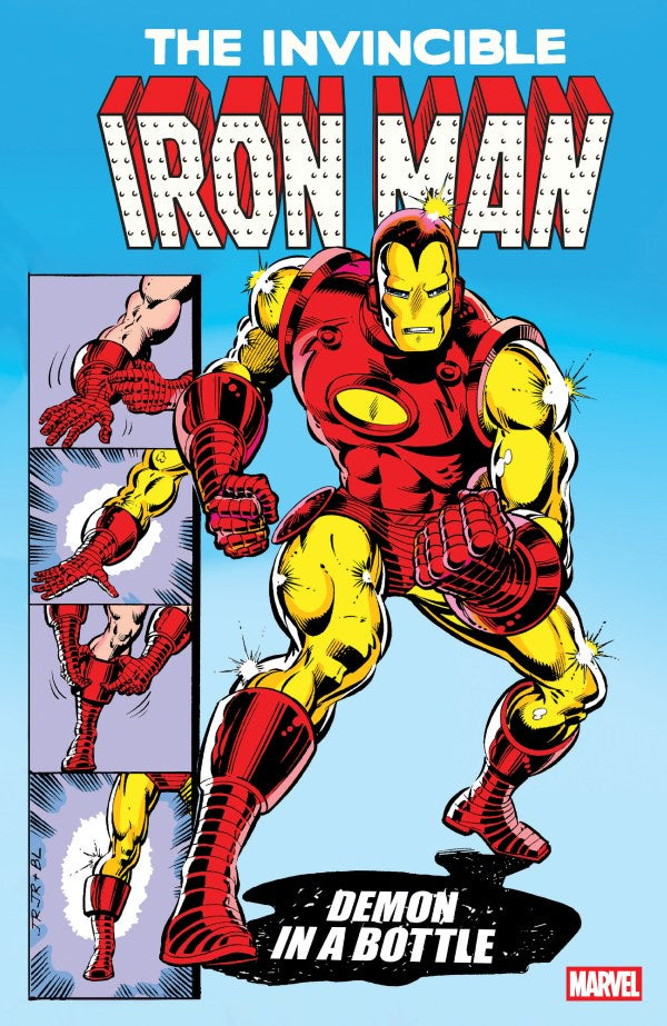Comic book cover featuring Iron Man with superhero pose on a blue background