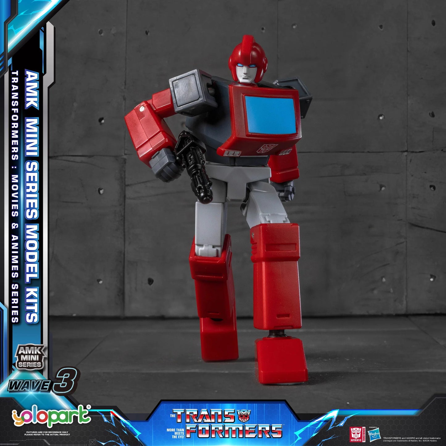 A red and gray Transformers mini-series model kit figure standing against a dark gray concrete wall backdrop, with promotional text and logos for Wave 3, YoloPark, and Transformers visible on the frame edges.