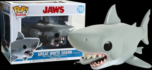 A Funko POP Super 6 inch Jaws figure with a diving tank, predominantly gray in color, packaged in a window display box.