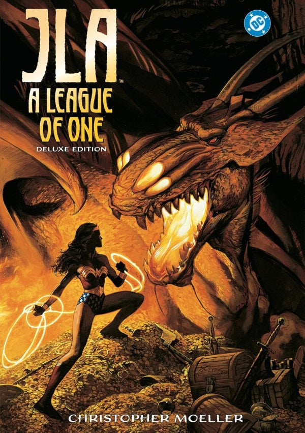 Comic book cover featuring a character facing a large creature with a fiery mouth, titled 'JLA: A League of One Deluxe Edition'.