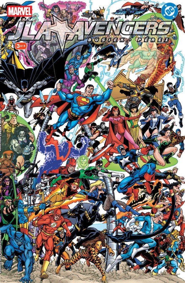 Collage of various superhero characters from Marvel and DC on a white background