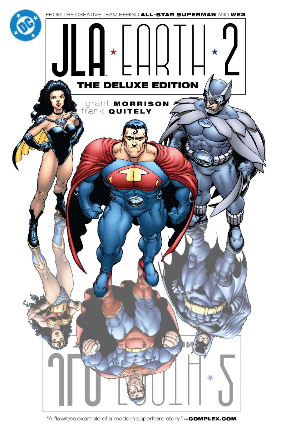 Cover of 'JLA Earth 2' deluxe edition featuring Superman, Wonder Woman, and Batman.