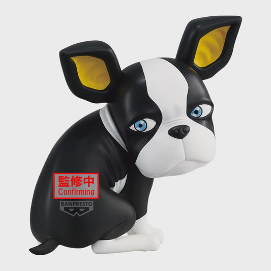 Black and white dog figurine with yellow inner ears on a white background, featuring Banpresto logo.