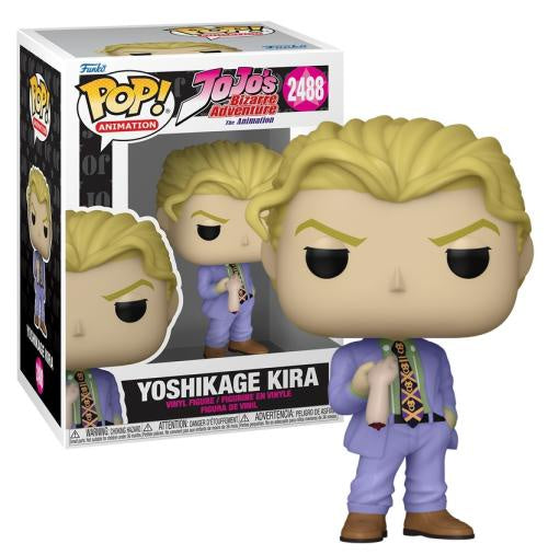 Funko Pop! Animation Yoshikage Kira from JoJo's Bizarre Adventure in Number 248, featuring a stylized vinyl figure with blonde hair, a lavender suit, and a patterned tie, shown next to its original window box packaging.