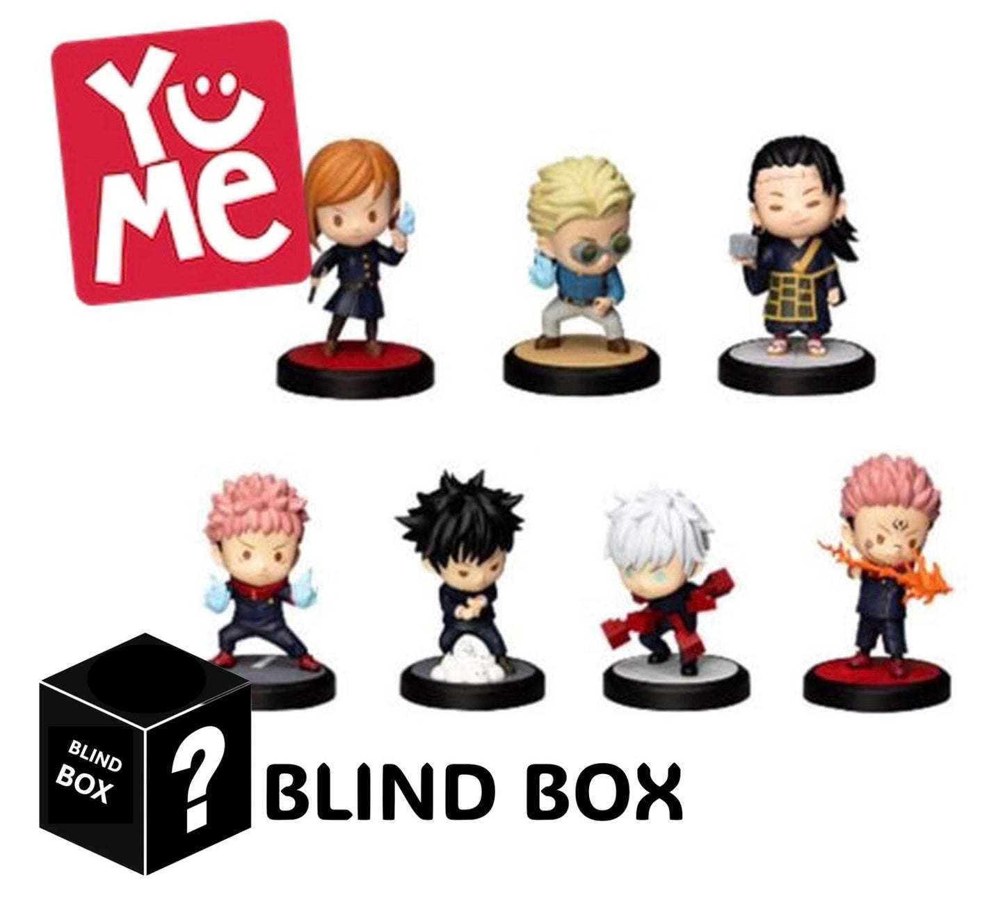 Set of small figurines with a 'Yu Me' logo and 'Blind Box' text on a white background.