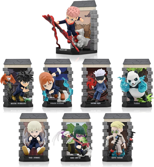 Set of small figurines in display stands on a white background