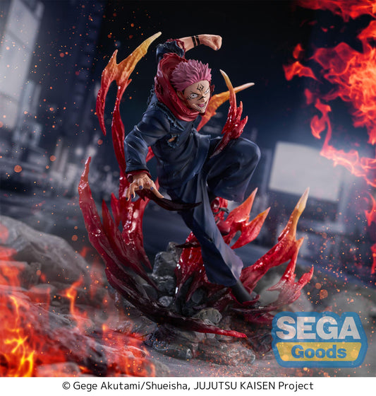 Action figure with red hair and fiery elements in a dynamic pose, surrounded by flames and smoke, with 'Sega Goods' logo.