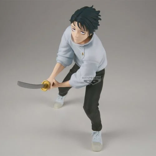 Action figure of a character holding a sword on a gray background
