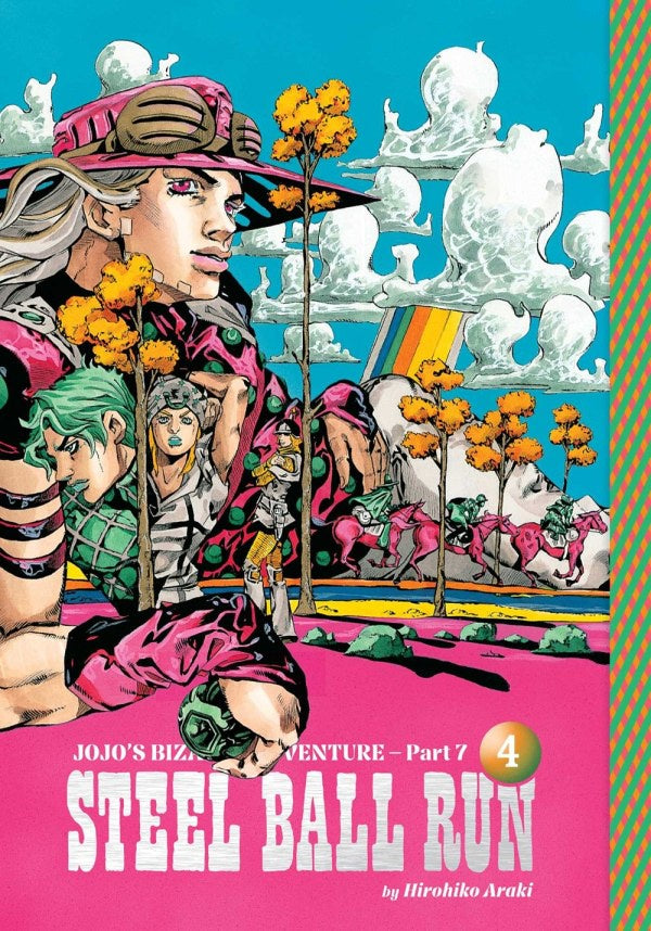 Cover of 'Jojo's Bizarre Adventure Part 7 Steel Ball Run' with colorful illustration and text.