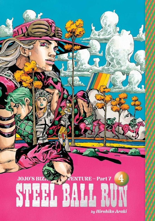 Cover of 'Jojo's Bizarre Adventure Part 7 Steel Ball Run' with colorful illustration and text.