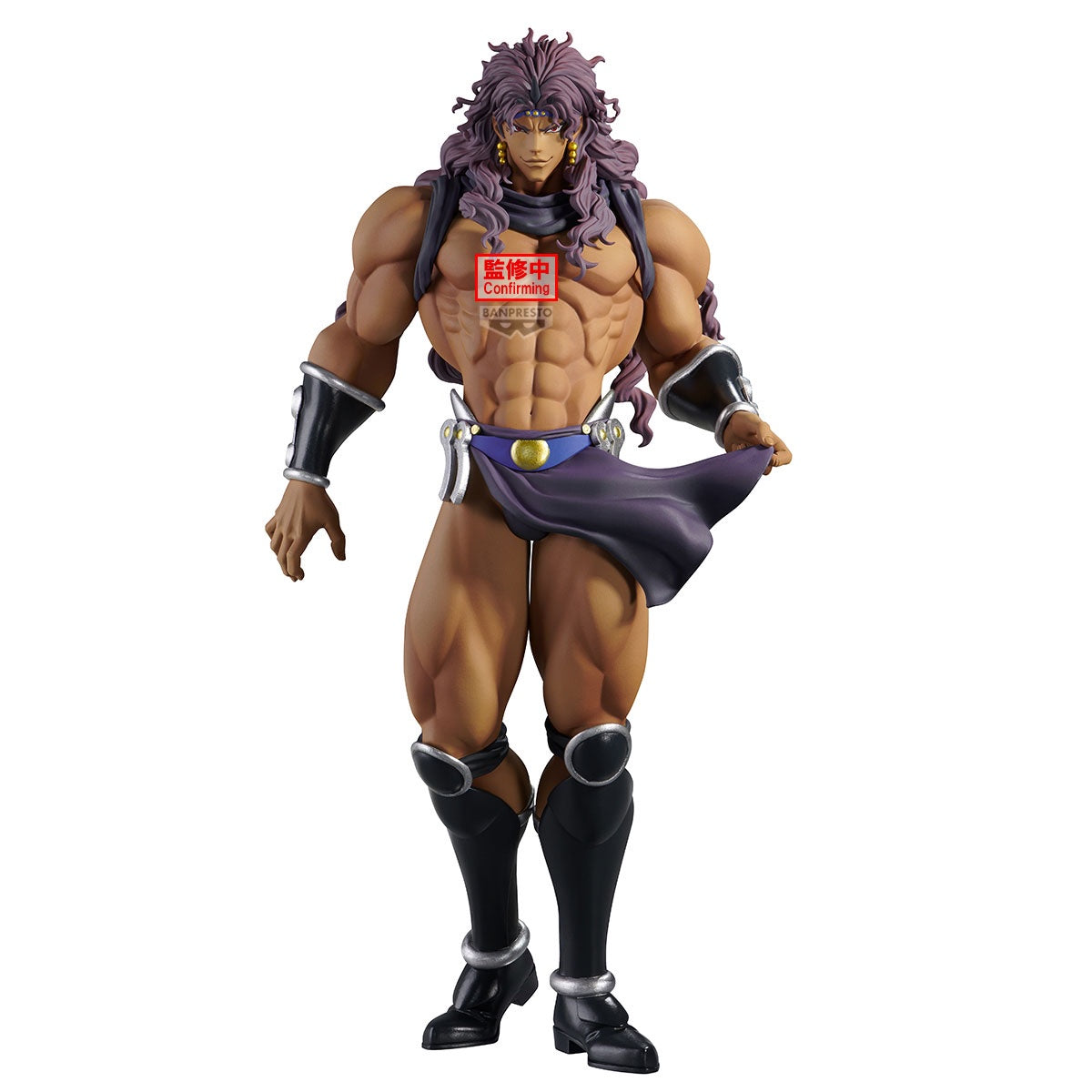 Action figure with purple hair and black boots on a white background