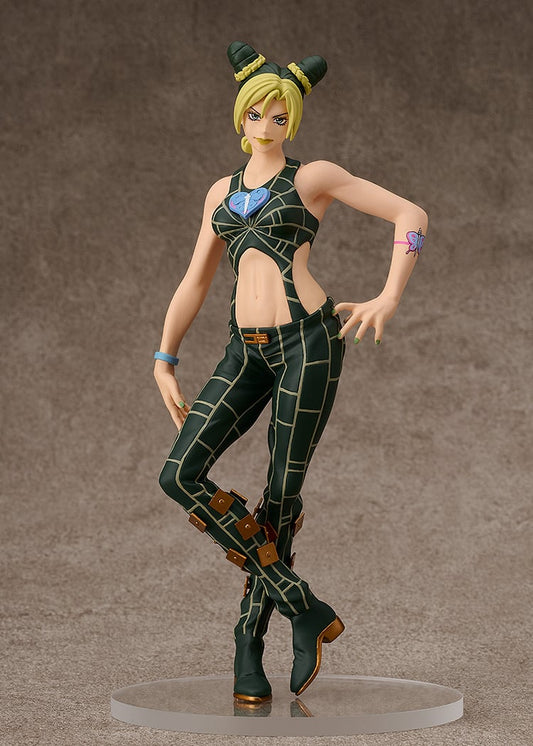 Jojo bizarre adventure jolyne cujoh pup Figurine of a character in a green and black outfit with a blue heart emblem on a brown background