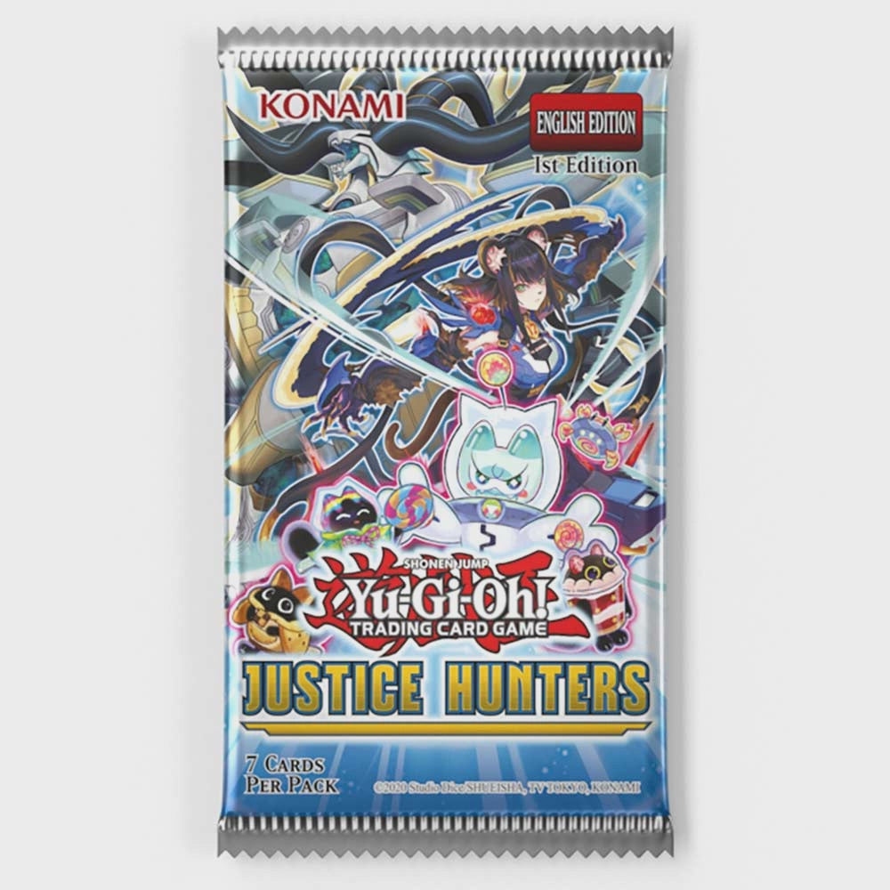 Yu-Gi-Oh trading card game pack featuring 'Justice Hunters' on a white background