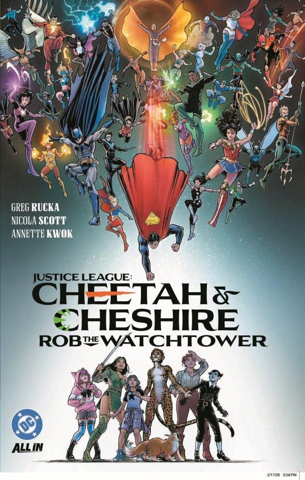 Comic book cover featuring superhero characters with text 'Justice League: Cheetah & Cheshire Rob the Watchtower'.