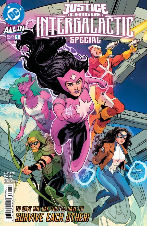 Comic book cover featuring superhero characters with a space-themed background