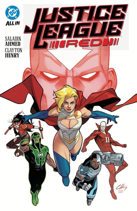 Comic book cover featuring characters from 'Justice League Red' with a red mask and superhero poses.