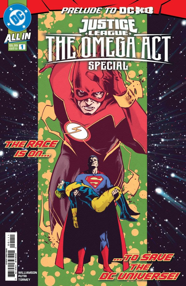 Comic book cover featuring superhero characters with a space-themed background