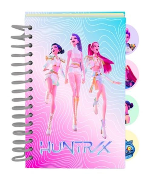 Notebook with 'HUNTRX' design featuring three animated characters on a wavy patterned cover.