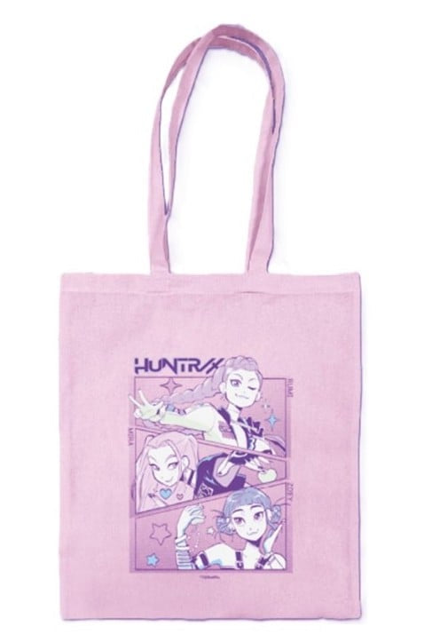 Pink tote bag with character design and 'HUNTER X HUNTER' branding on a white background