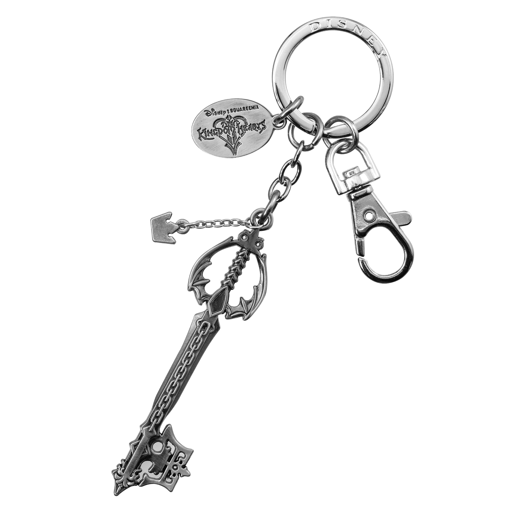 Silver keychain with a sword design on a white background