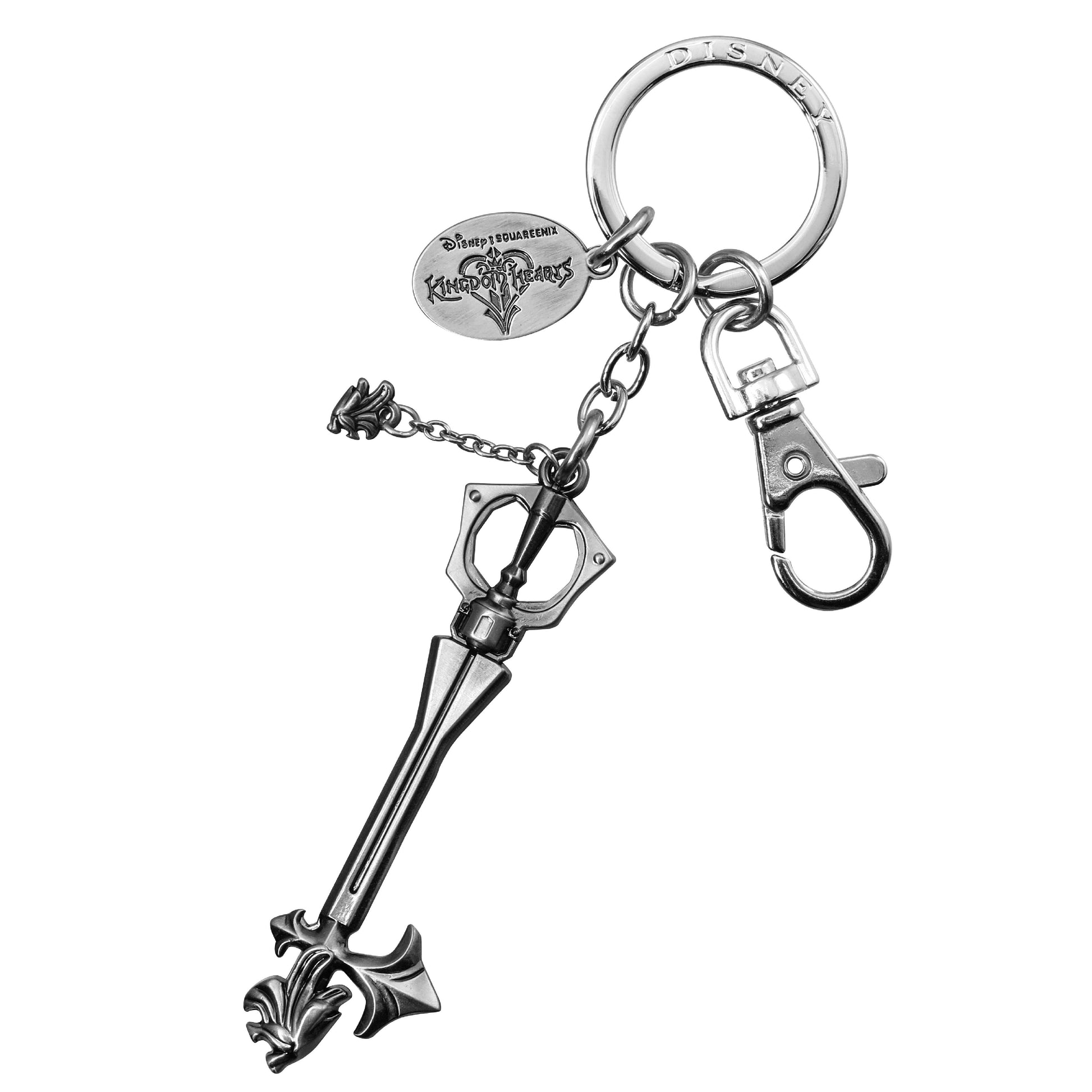 Silver key-shaped keychain with a tag on a white background