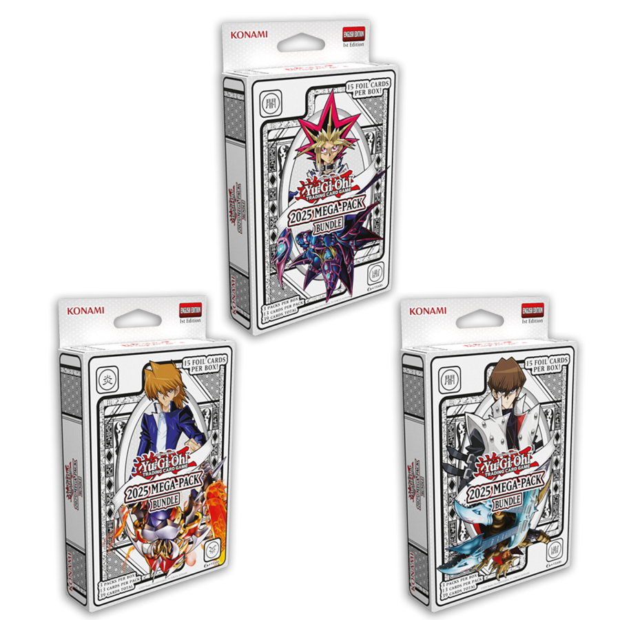 Three 'Yu-Gi-Oh!' trading card game packs from Konami on a white background