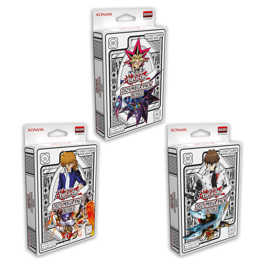 Three 'Yu-Gi-Oh!' trading card game packs from Konami on a white background