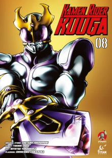 Comic book cover featuring a character in a purple and gold costume with 'Kamen Rider Kuuga' branding.