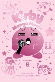 Pink book cover of 'Kirby Manga Mania' Volume 8 with character illustrations on a pink background