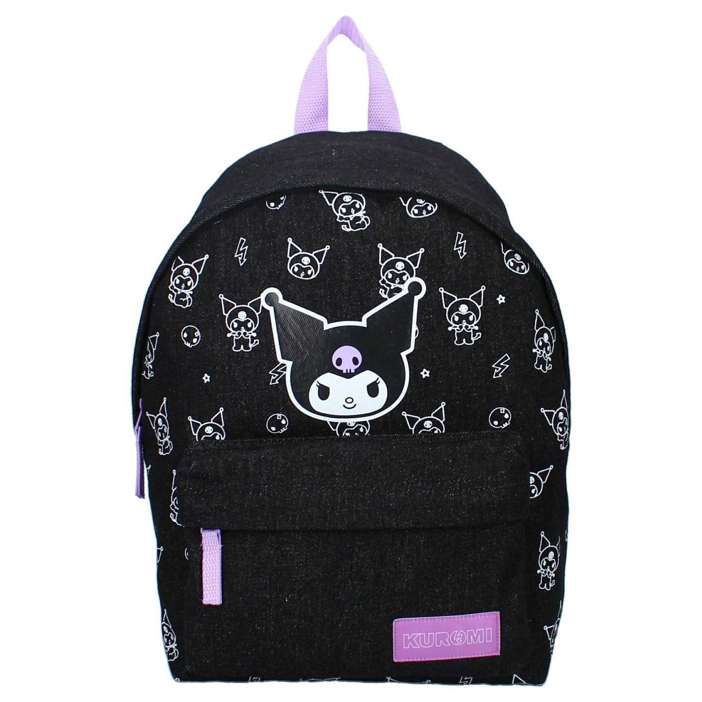 Black backpack with white cat pattern and purple accents on a white background