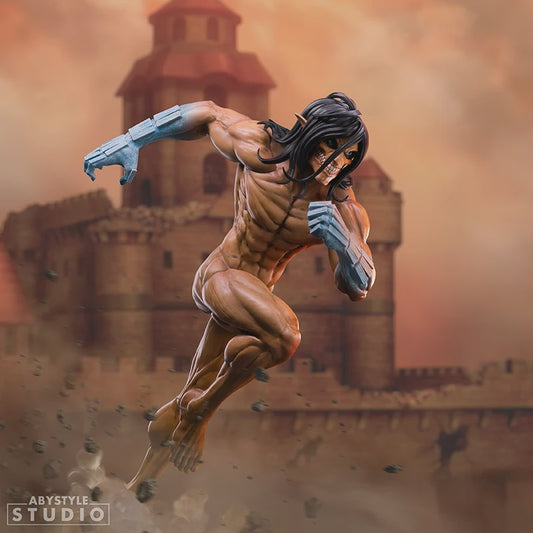 Action figure of a muscular character with a weapon in front of a castle-like structure.
