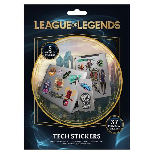 Packaged tech stickers with 'League of Legends' branding on a dark background