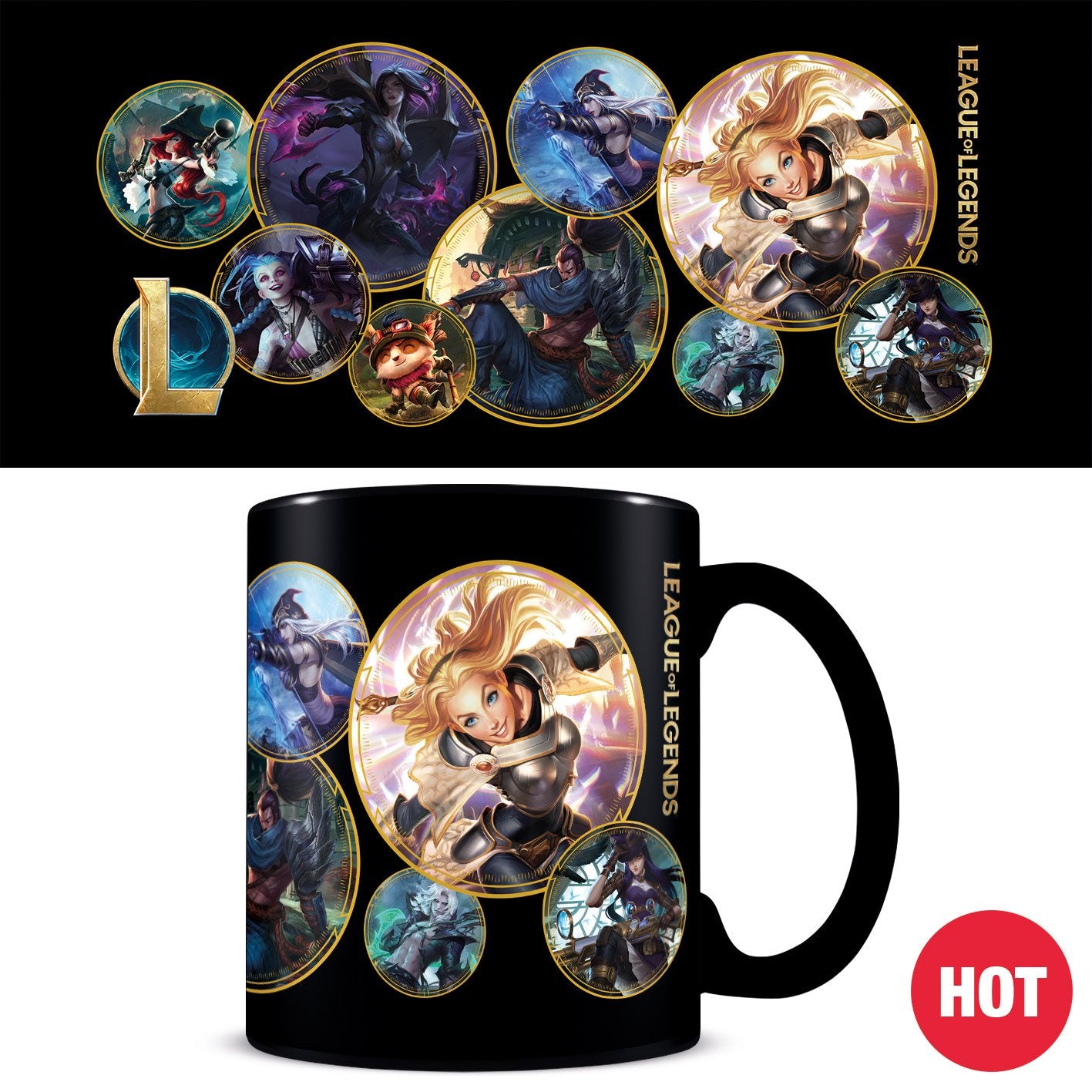 Black mug with League of Legends character designs on a white background