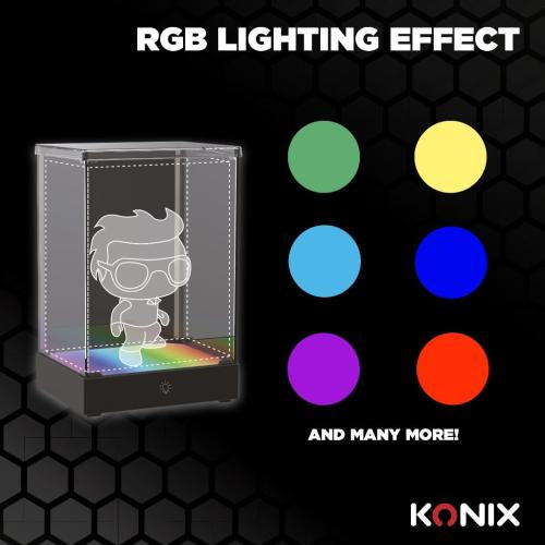 Transparent display case with RGB lighting effect and Konix branding.