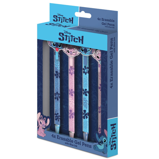 Disney Stitch 4-pack of erasable gel pens in a blue retail box, featuring characters from Disney's Frozen and Lilo & Stitch.