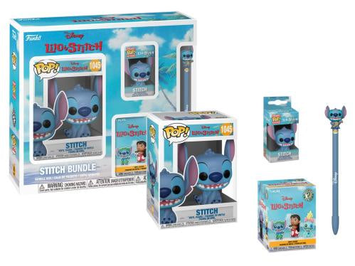 Disney Lilo & Stitch Stitch merchandise bundle featuring a Funko Pop! vinyl figure, a pen, and two small boxes on a plain white background.
