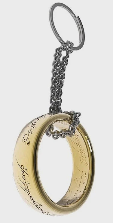 Gold ring keychain with chain on a white background