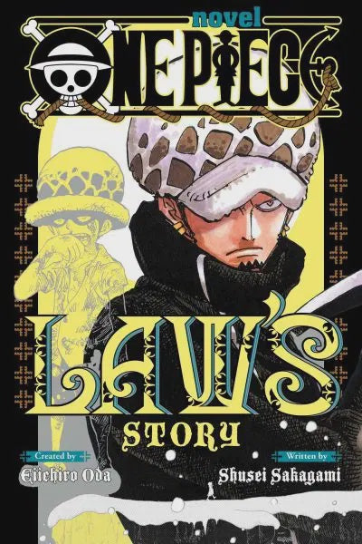 Book cover of 'One Piece: Law's Story' with a character wearing a hat and scarf.