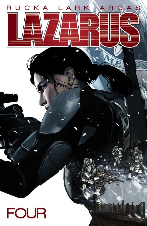 Comic book cover of 'Lazarus' with a character holding a weapon and cityscape in the background.