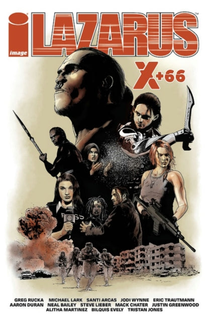 Comic book cover titled 'Lazarus X+66' featuring a group of characters with weapons and dramatic poses.